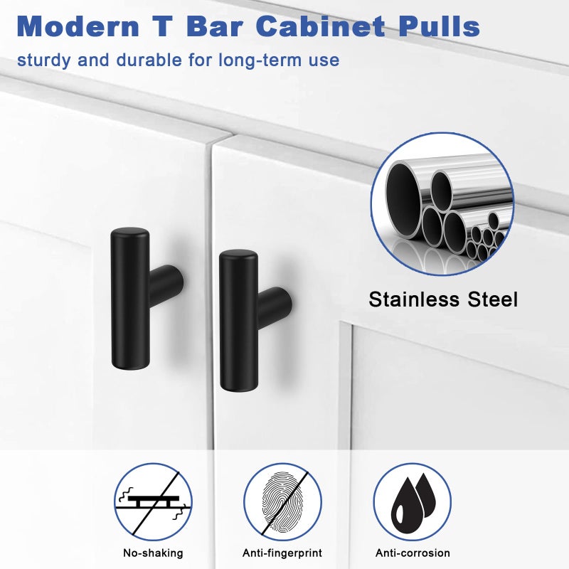 Estmoon 30 Pack Cabinet Knobs Matte Black Drawer Knobs Stainless Steel 2 Inch Overall Length Dresser Knobs for Cabinets Cupboard Bathroom Kitchen Hardware  Single Hole T Bar Knobs - Image 2